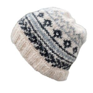 Men's Alpaca Fair Isle Beanie Wool Hat Handmade Knit Off White Winter Nordic
